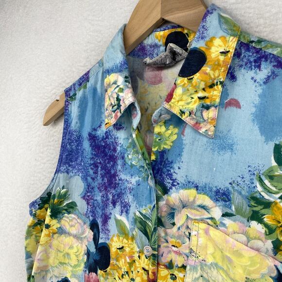 TAKEAWAY Top Womens L Floral Print Sleeveless Shirt Blouse Cotton Blue Vintage - Picture 2 of 10